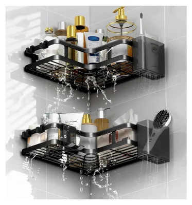 Produktbild von Duschablage ohne Bohren, schwarzes Eckregal, 2 Stück, dreieckiger Duschkorb, Badezimmer-Organizer mit 4 Haken, Duschregal-Zubehör, Shampoo-Halterung für das Badezimmer