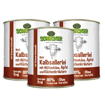 Produktbild von 3x820g Schecker Hundemenü - 80% Kalb mit Hüttenkäse, Apfel und Schwarzkümmelöl - getreidefrei