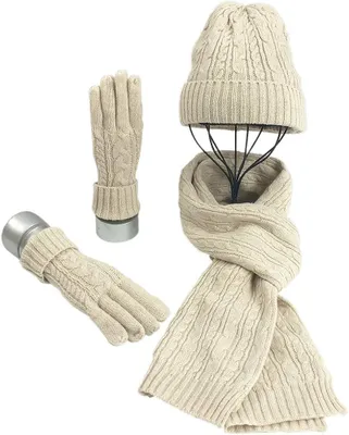 Produktbild von Mütze, Schal & Handschuhe Set für Damen: Weiches, warmes, langes Strickset (3-in-1) für den Winter, ideal zum Skifahren, Shoppen und Angeln.