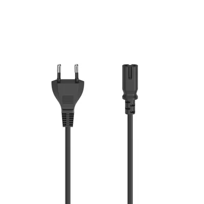 A black power cord with two different types of plugs on a white background.