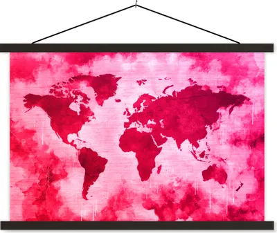 Produktbild von MuchoWow® Textilposter Weltkarte - Rot - Rosa 60x40 cm mit schwarzem Rahmen - Hölzernes
