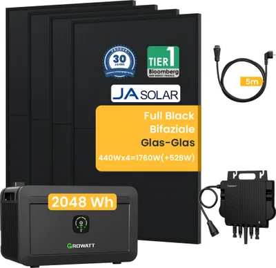 Produktbild von Balkonkraftwerk mit Speicher 2048Wh NOAH 2000 Speicher,1800W PV-Eingangsleistung, 800W Wechselrichter, Jasolar1760W Full Black Bifaziale Solarmodule