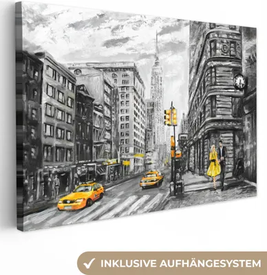 Produktbild von MuchoWow® - Leinwandbilder - Malerei - Stadt - Auto - Gelb, Wandbild, Wanddeko Bilder Wohnzimmer, 60x40 cm