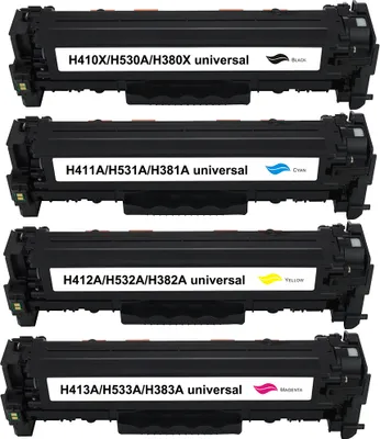 Four toner cartridges stacked vertically against a white background.