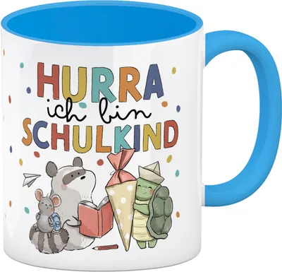 Produktbild von Tiere zur Einschulung Kaffeebecher in hellblau mit Spruch Hurra ich bin