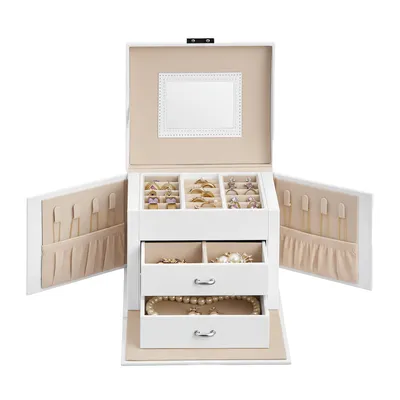 Image de SONGMICS Coffret à bijoux 3 niveaux, avec poignée, 2 tiroirs, serrure, miroir