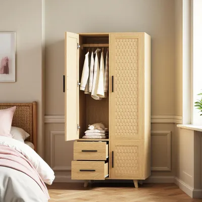 Obrázok produktu pre ProximaX Šatníková skriňa 80x52x166cm, dubový vzhľad s ratanovým dizajnom, 3 dvere a 2 zásuvky, úložný priestor