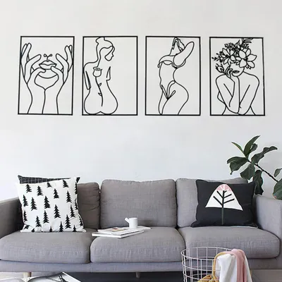 Immagine prodotto di Decorazioni da parete, design minimalista e astratto, set di 4 pezzi, metallo nero, 37 x 29 cm, ideali per il soggiorno