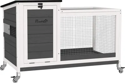 Image de Clapier en bois pour lapins Clapier pour lapins avec enclos extérieur Roues Toit pliant Plateau extensible Grille métallique Résistant à l'hiver Clapier pour cochons d'Inde Cage pour lapins pour intérieur, extérieur 92x52x67 cm Gris foncé Aosom