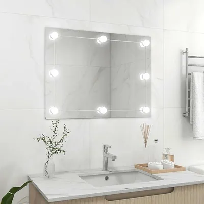 Produktbild von Wandspiegel ohne Rahmen mit LED Beleuchtung, 80x60 cm Glas, USB 5V, 8 LED Glühbirnen, silberfarben, dekorativ für Schlafzimmer Wohnzimmer Flur Badezimmer