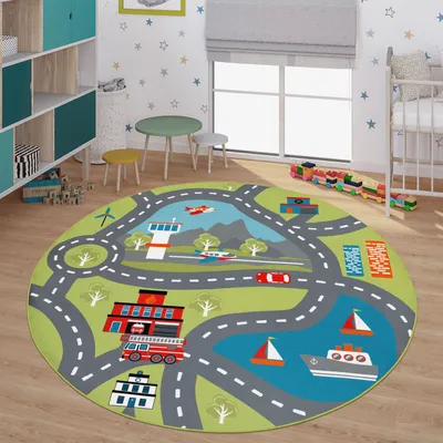 Produktbild von TT Home Kinder-Teppich, Spiel-Teppich Für Kinderzimmer, Mit Straßen-Motiv, In Grün Größe 160 cm Rund