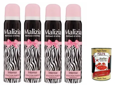 Produktbild von MALIZIA Deodorante Donna Intense Seduction Parfum,Deodorant Deo Spray für Damen 4x 100ml + Italian Gourmet polpa 400g