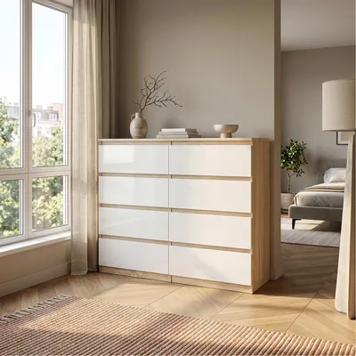 Produktbild von Masseno Kommode NUDO 120 cm Sideboard mit 8 Schubladen und  Türen für Wohnzimmer Schlafzimmer Modern 120x39x101,5 cm Sonoma Eiche / Weiß