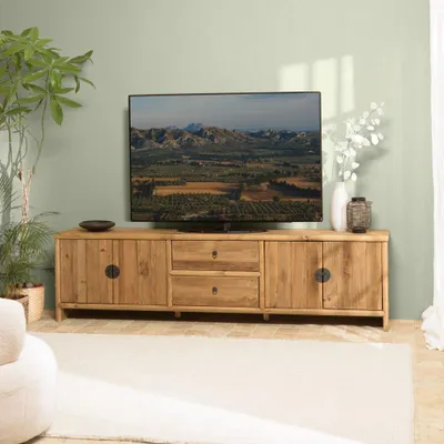 Produktbild von SANDY – TV-Möbel mit 2 Schubladen und 4 Türen, Länge 240 cm, aus recyceltem Kiefernholz. SANDY