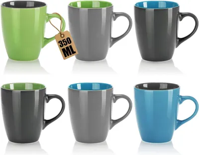 Produktbild von ® 6x Kaffeetassen aus Keramik - 350 ml Kaffeepott für Kalt- und Heißgetränke - Kaffee-Becher in modernem Design - farbige Henkeltasse - Trinkbecher