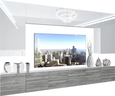 Produktbild von BELINI Wohnwand Vollausstattung Wohnzimmer-Set Moderne Schrankwand mit LED-Beleuchtung Weiß Glänzend Anbauwand TV-Schrank Weiß / Glamourholz Glänzend/Matt