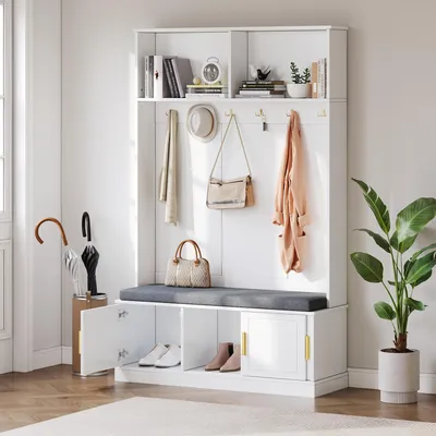 Image de OKWISH Vestiaire d’entrée - Vestiaire avec Banc et 6 Patères Triple Crochets, Meuble d’entrée pour Vestes et Chaussures, MDF et Bois - Blanc 120x40x191 cm