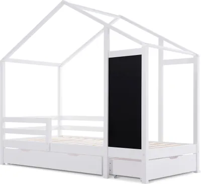 Produktbild von Merax Kinderbett 90x200cm mit Lattenrost und Rausfallschutz, Tafel und 2 Schubladen, Einzelbett Holzbett Kieferholzbett, Weiß