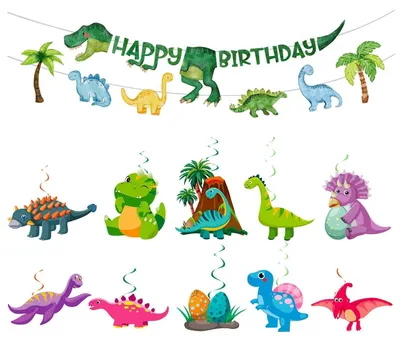 Dino Deko Set: Wimpelkette & 7 Spiralhänger für Party