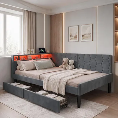 Produktbild von INONEFT Polsterbett Schlafsofa 140x200 cm mit LED und USB, Einzelbetten mit Kopfteil Stauraum und 2 Schubladen, Jugendbett mit Lattenrost, Samt Grau
