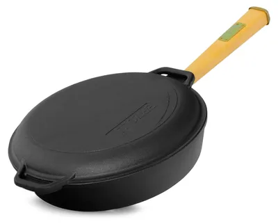 Produktbild von Ø24cm 47mm hoch Gusseisenpfanne Gußeisenpfanne mit Holzgriff und Deckel-Bratpfanne aus Gusseisen