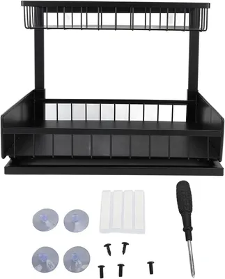 Obrázek produktu pro Závěsný organizér na kuchyňský dřez bez vrtání – multifunkční držák na kuchyňský dřez 2 v 1 – držák na kuchyňské náčiní – černý magnetický držák na dřez