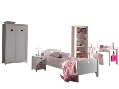 Image de Set Amori composé de : Lit simple, chevet, bureau, étagère et armoire 2 portes, blanc
