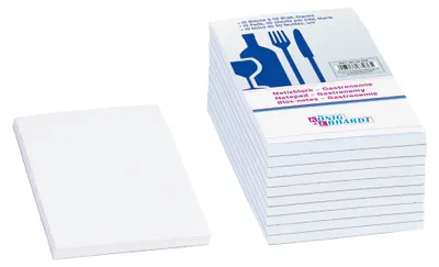 A stack of white notepads with a blue graphic of a wine bottle, wine glass, fork, and knife on the packaging, next to a single notepad.
