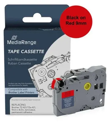 Produktbild von MediaRange Kunststoff-Schriftbandkassette, für/ersetzt Dymo® 91222/S0721670, permanent haftend, 12mm, 4m, laminiert, schwarz auf gelb, Schwarz auf rot, Grau, Kunststoff, Brother, P-Touch 1000, 1010, 1080, 1090, 1260VP, 1280, 1280DT, 1290, 1750, 1830VP, 18R, 2030VP, 2100VP,..., 9 mm