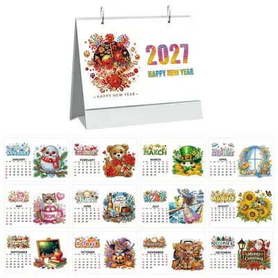 Imagen del producto de Calendario de escritorio para 2027, con técnica de pintura con diamantes, vista mensual, ideal para aficionados