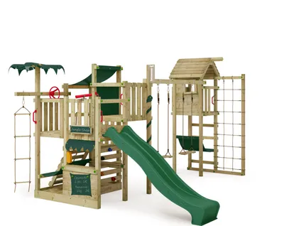 Image de FATMOOSE Tour de jeu CrazyCoconut avec balançoire & toboggan, jeu de jardin avec tour, échelle & accessoires de jeu - vert