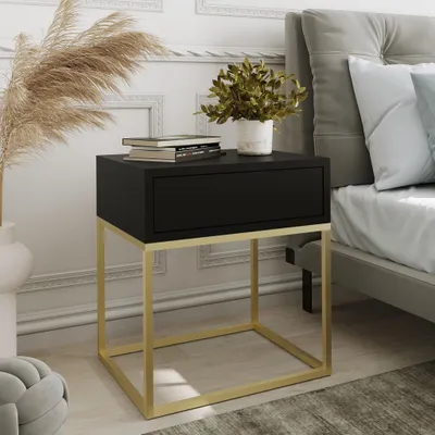 Produktbild von AX LIVING Nachttisch Kommode Aleio Schwarz mit goldenem Metallgestell
