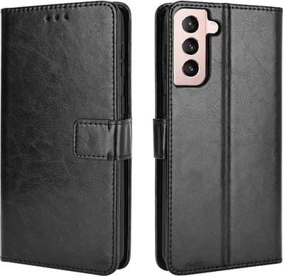 A black leather flip case for a Samsung Galaxy S23 phone, shown from two angles.