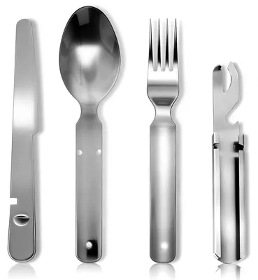 Immagine prodotto di Posate da campeggio - Acciaio inox - 4 pezzi - Con custodia - Per campeggio ed escursioni