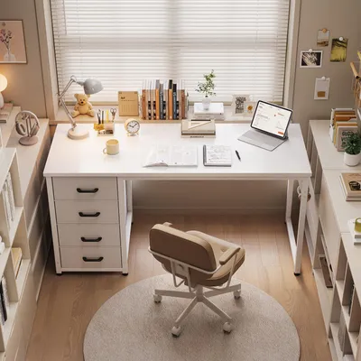 Imagen del producto de Escritorio para oficina con 4 cajones, 120 x 48 cm, con soporte para auriculares, color blanco