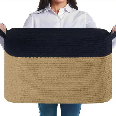Image de Panier à linge en coton, 63 litres, tressé, avec poignées, dimensions 55x38x30 cm, noir et marron, vendu à l'unité