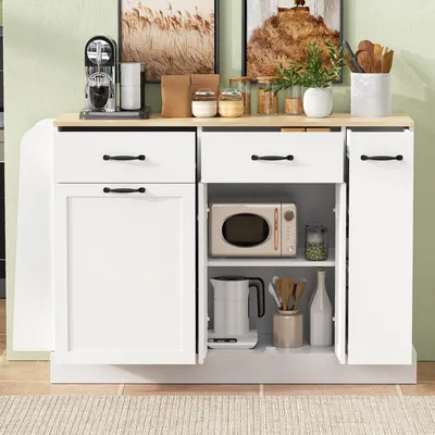 Produktbild von okwish Sideboard Aufbewahrungsschrank mit Schubladen und externer Gewürzregal Küchenschrank mit Abfallbehälterfach für Wohnzimmer und Küche Weiß