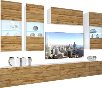 Produktbild von BELINI Wohnwand Vollausstattung Wohnzimmer-Set Moderne Schrankwand mit LED-Beleuchtung Weiß Glänzend Anbauwand TV-Schrank Wotan-Eiche Matt