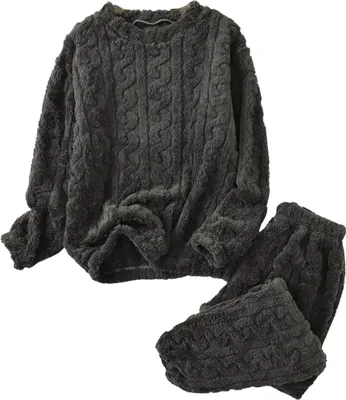 Produktbild von ASKSA Schlafanzug Damen Winter Flanell Pyjama Set Lang Thermo Hausanzug Kuschelig Schlafanzug Fleece Warm Nachtwaesche Zweiteiler Flauschig Oberteile Langarm Und Pyjamahose,Dunkelgrau