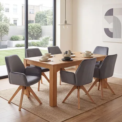 Image de Lot de 6 chaises de salle à manger HWC-G67, chaises de salle à manger et de cuisine avec accoudoirs, pivotantes, en bois et velours 320 g/m², MVG ~ gris foncé