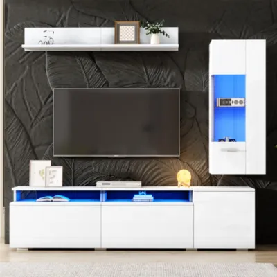 Produktbild von 3-teilig TV Wohnwand Set, LED Beleuchtung Wohnzimmer Möbel Set Frontale Wohnwand 1 x TV Schrank, 1 x Wohnzimmer Vitrine, 1 x Hängeregal, TV bis 80'