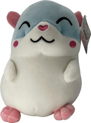 A plush toy hamster with blue and white fur and pink accents.