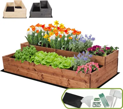 Produktbild von MODO24 Hochbeet Holz, Pflanzkasten, Massivholz, Kiefer, Kräuterbeet, Blumenkasten, Garten, Terrasse, 27x117x63 cm, Braun, ZP07