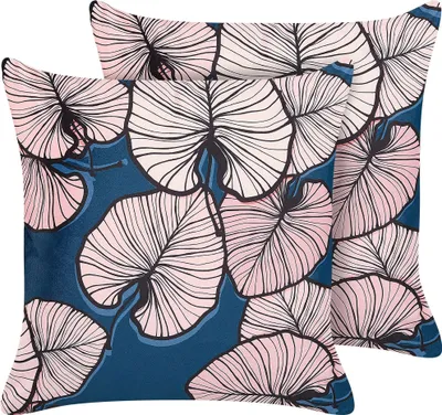 Produktbild von BELIANI Dekokissen 2er Set Dunkelblau u. Pastellrosa Samtstoff mit Füllung 45x45 cm Blättermotiv Wohnaccessories Wohnzimmer Schlafzimmer Flur