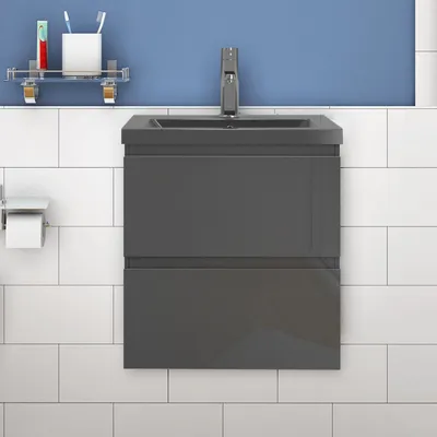 Produktbild von Waschtisch mit Unterschrank 50cm Alast Badmöbel Set Hochglanz Dunklegrau Waschbecken mit Unterschrank MDF Softclose