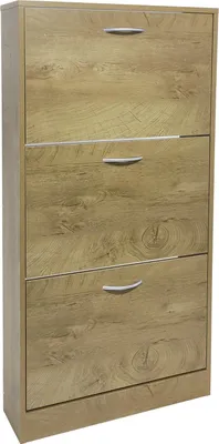 A tall, narrow shoe cabinet with three flip-down doors.