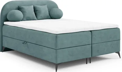 Produktbild von Boxspringbett 140x200 JASMINE von ANTONIO mit Bettkästen und Topper, Doppelbett mit Bonell Federkernmatratze, Härtegrad H4 Samtbezug in Blau/Türkis