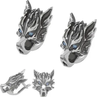 Produktbild von Paar 925 Sterlingsilber Wolfskopf Ohrringe Bikerschmuck Gothic Zirkon Blau 6164