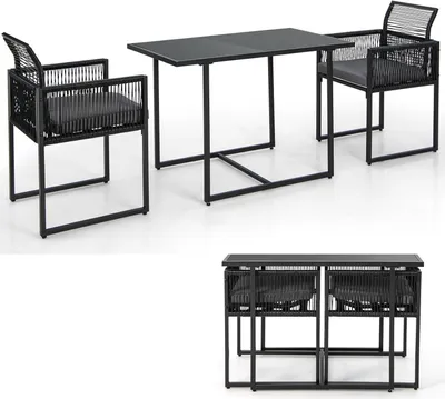 Produktbild von KOMFOTTEU 3-teiliges Bartisch mit Klappstühlen, Garten Bartset aus Rattan, Esstisch Set mit abnehmbaren Kissen, Gartenbar Gartenmöbel wetterfest