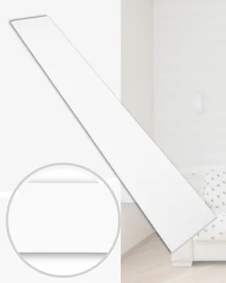 A white panel is shown diagonally against a white wall and floor, with a close-up inset of the panel's edge.